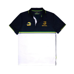 Ayrton Senna F1 Striped Polyester Panel Polo Shirt - Navy - image 1